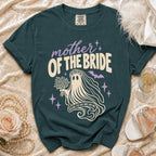 Teal t-shirt with "Mother of the Bride Raising the Boo Since Day One" ghost graphic.