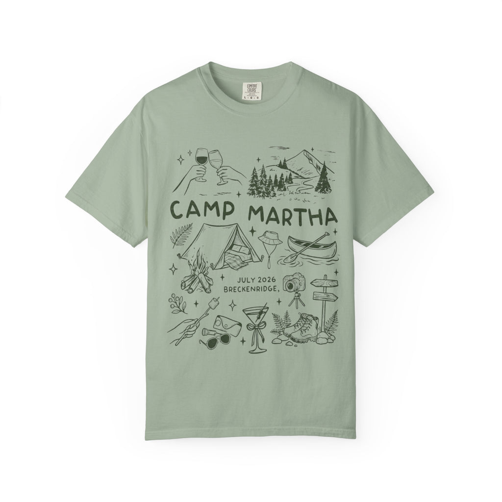 Camp Martha July 2026 Breckenridge graphic tee with camping and outdoor illustrations.