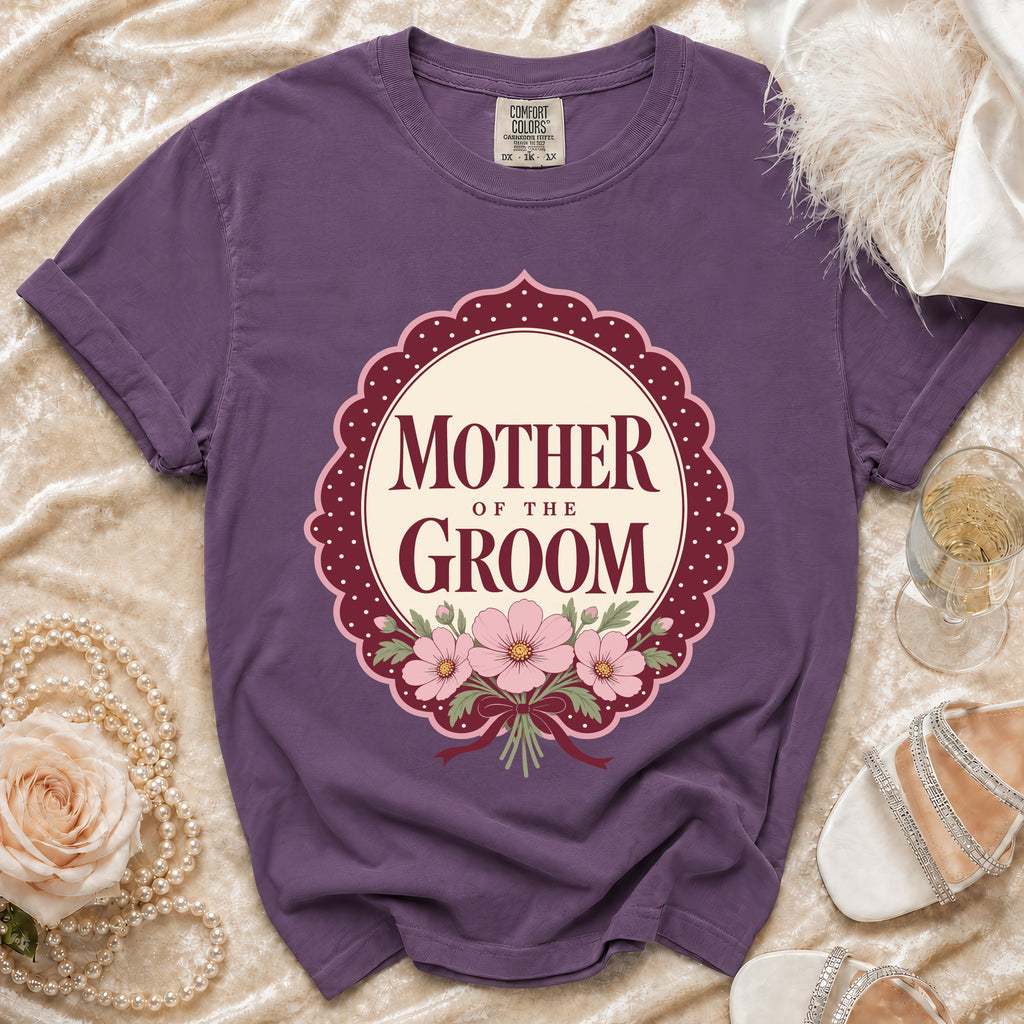 Purple t-shirt with "Mother of the Groom" text and floral design.