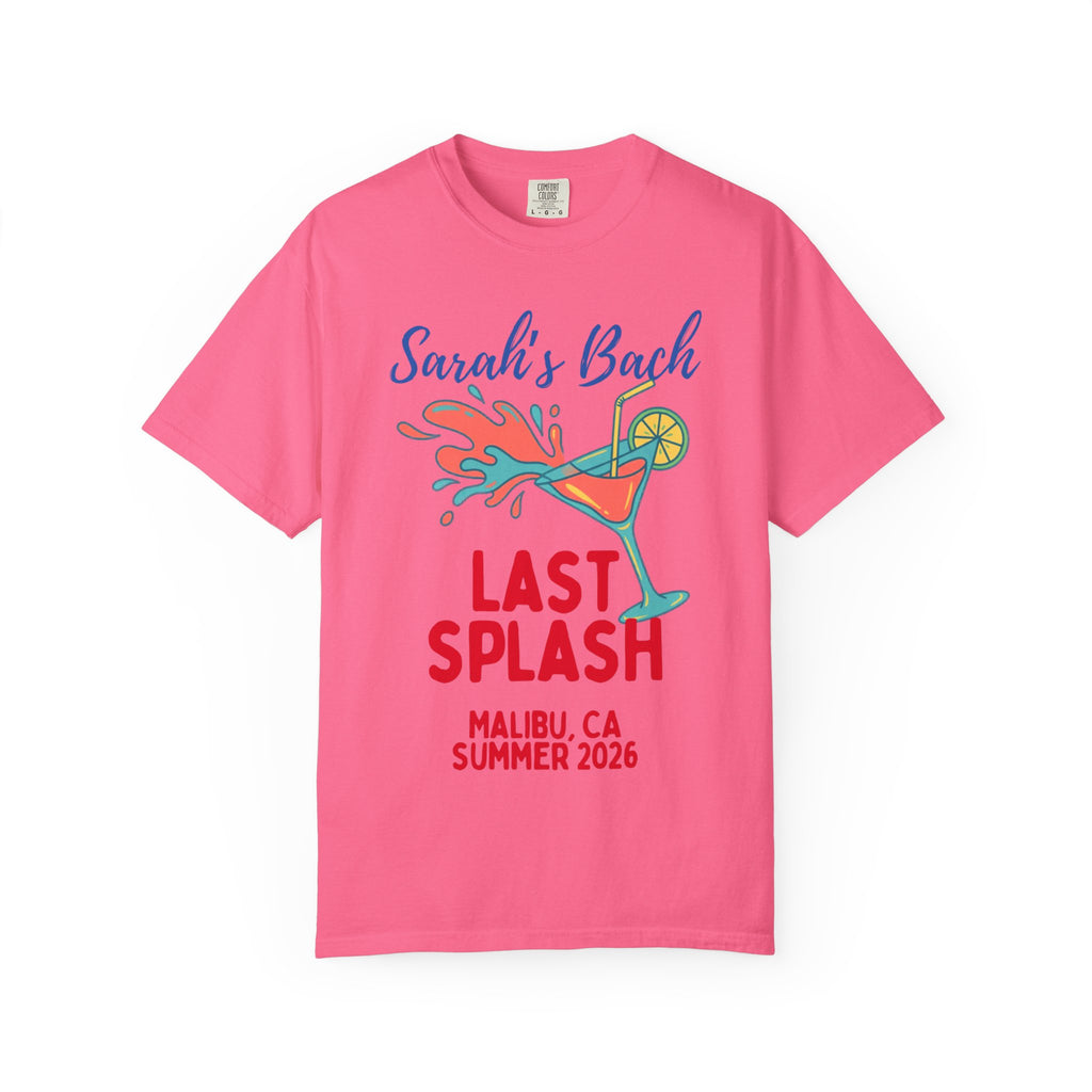 Pink t-shirt with "Sarah's Bach LAST SPLASH MALIBU, CA SUMMER 2026" text and cocktail graphic.
