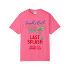 Pink t-shirt with "Sarah's Bach LAST SPLASH MALIBU, CA SUMMER 2026" text and cocktail graphic.
