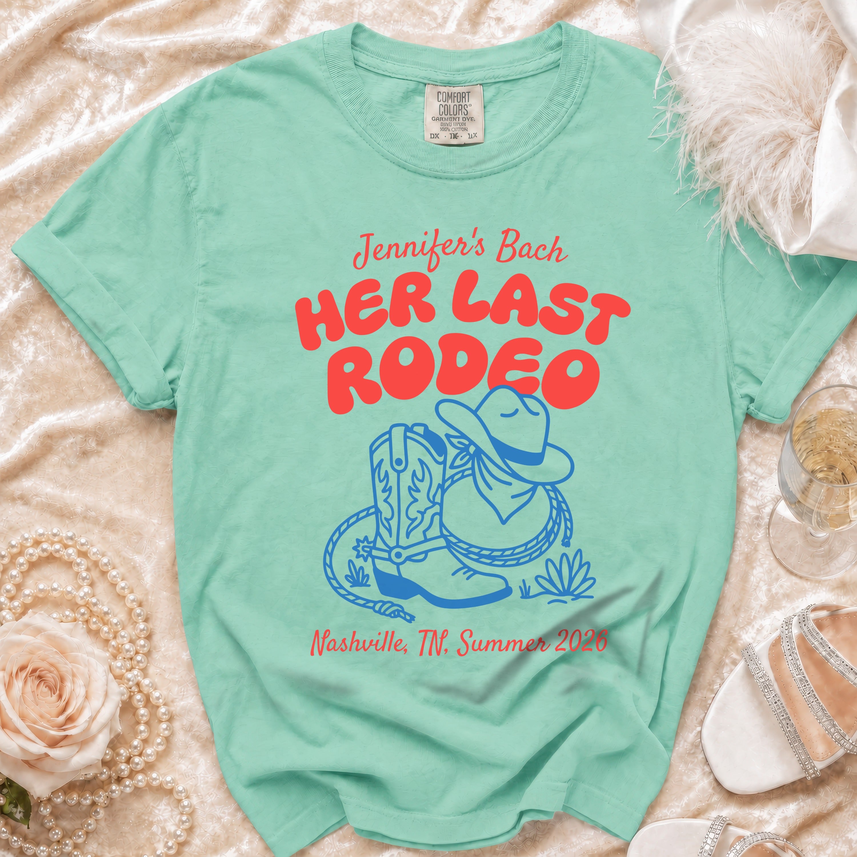 "Jennifer's Last Rodeo" t-shirt with cowboy boots and hat graphic.