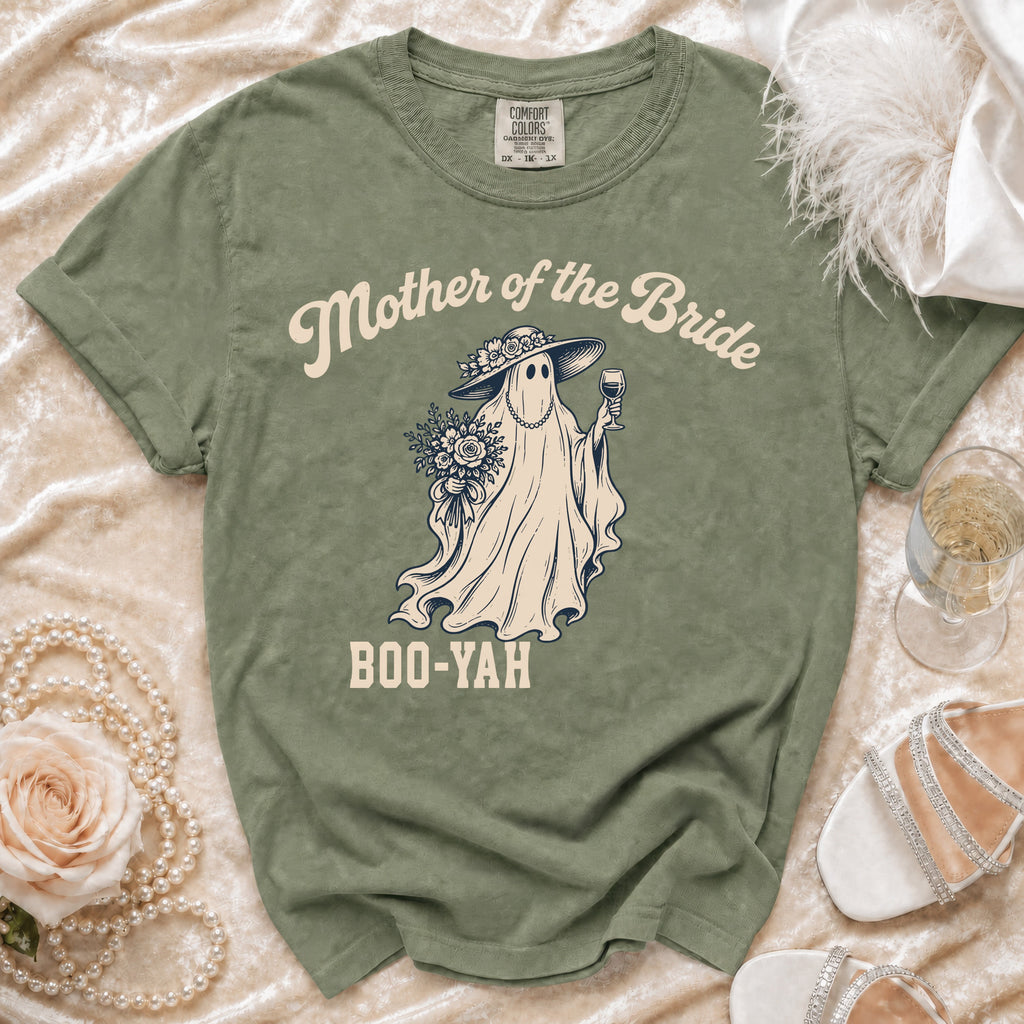 Green t-shirt with "Mother of the Bride" and a ghost holding flowers and wine.