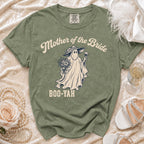 Green t-shirt with "Mother of the Bride" and a ghost holding flowers and wine.