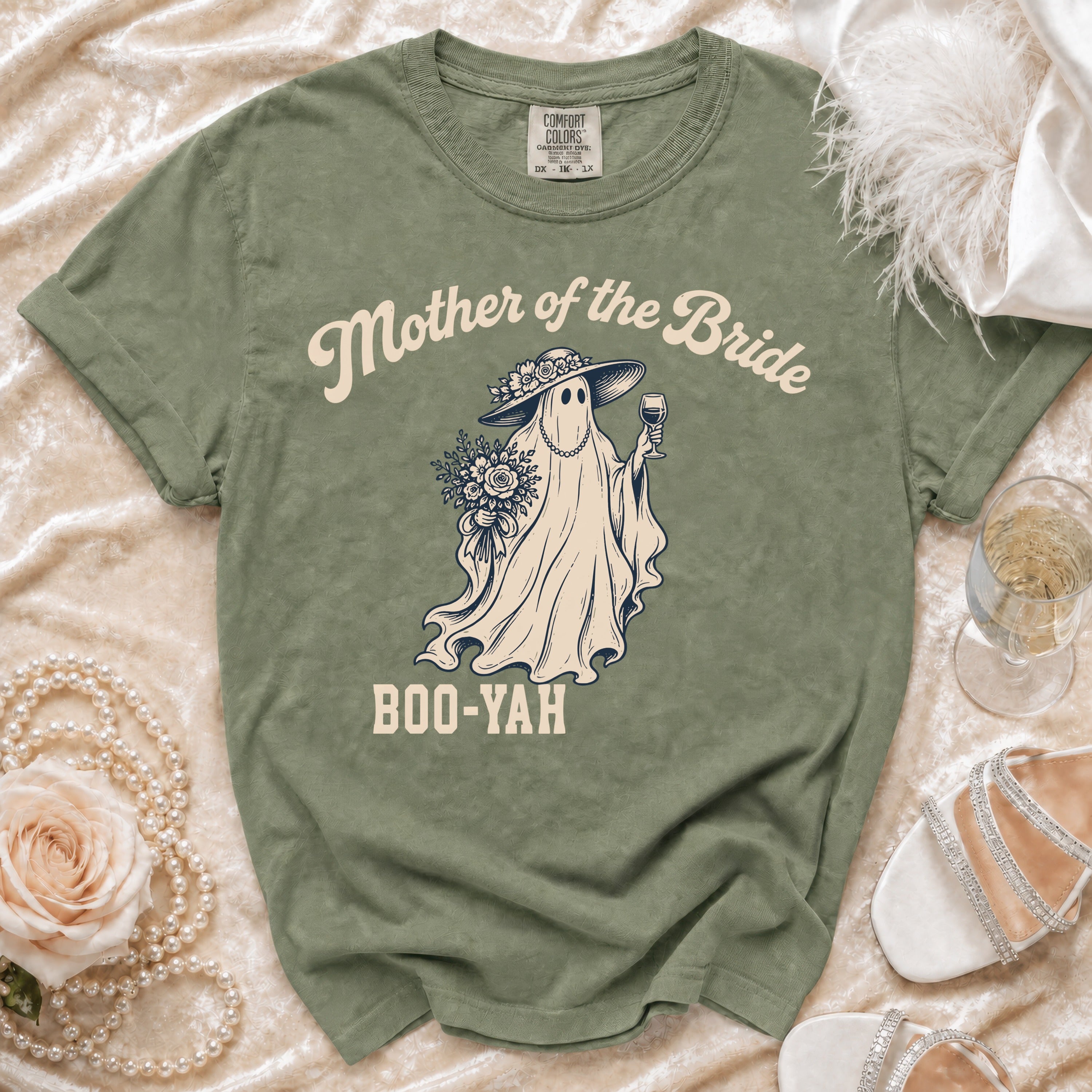Green t-shirt with "Mother of the Bride" and a ghost holding flowers and wine.