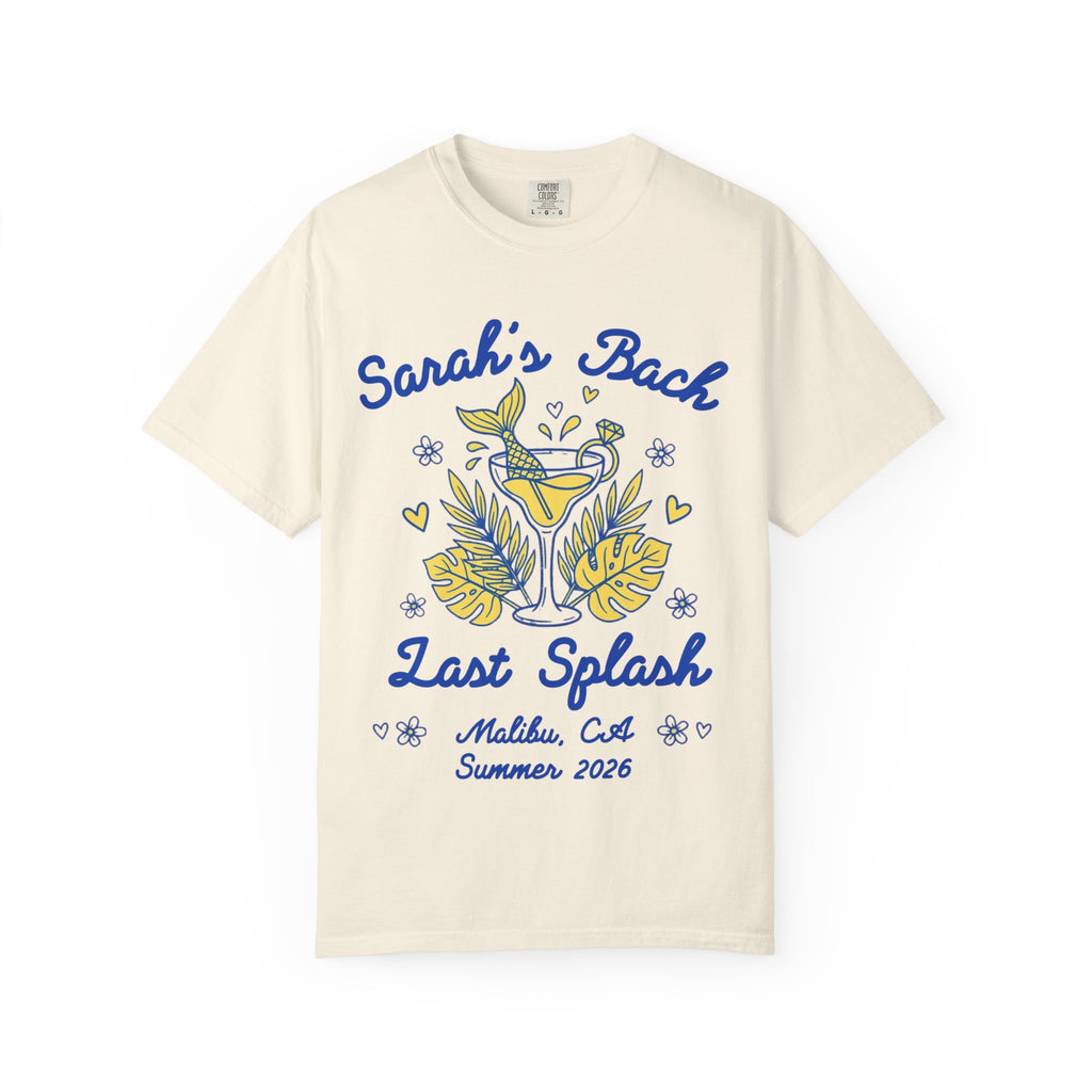 Cream t-shirt with "Sarah's Bach Last Splash Malibu, CA Summer 2026" text and mermaid tail cocktail.