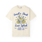 Cream t-shirt with "Sarah's Bach Last Splash Malibu, CA Summer 2026" text and mermaid tail cocktail.