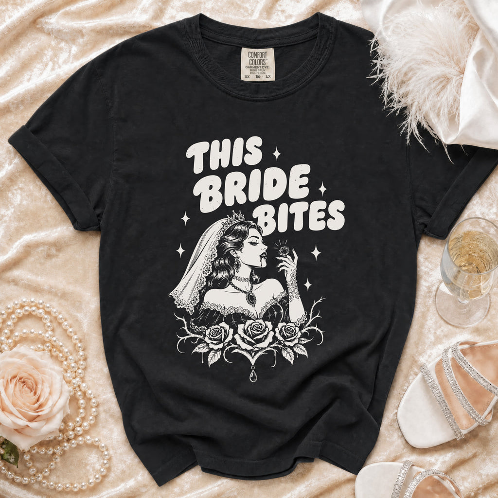 Black t-shirt with "This Bride Bites" graphic featuring a gothic bride and roses.