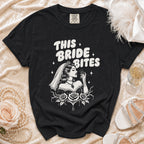 Black t-shirt with "This Bride Bites" graphic featuring a gothic bride and roses.