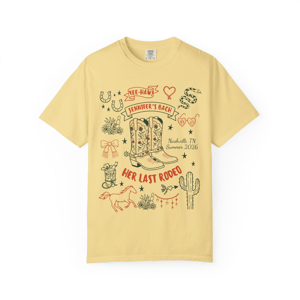 Yellow t-shirt with "Her Last Rodeo" Nashville bachelorette graphics.