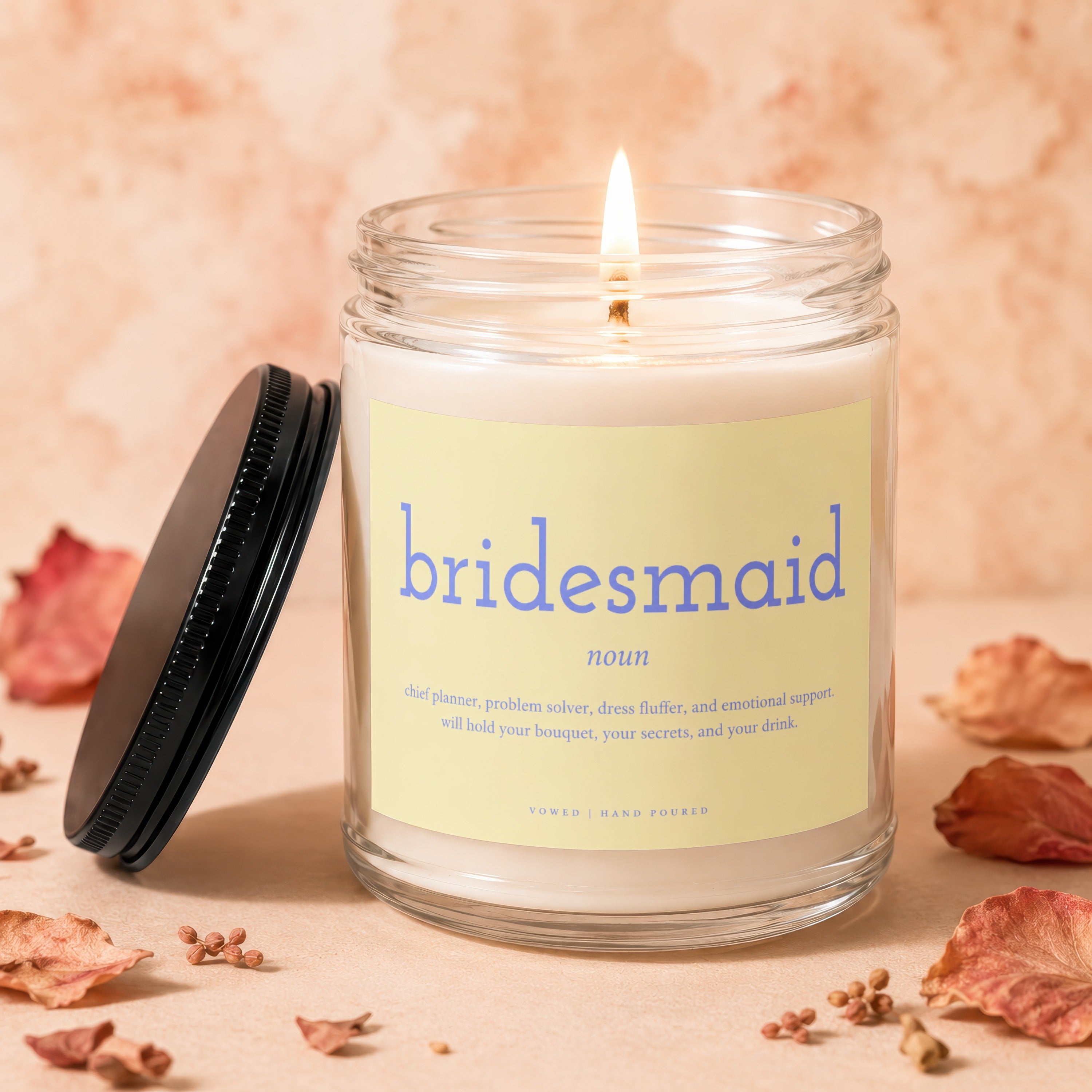 Bridesmaid candle with definition, "chief planner, problem solver..." text.