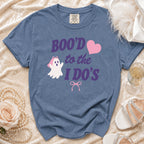 Blue t-shirt with "BOO'D to the I DO'S" graphic, ghost, and heart.