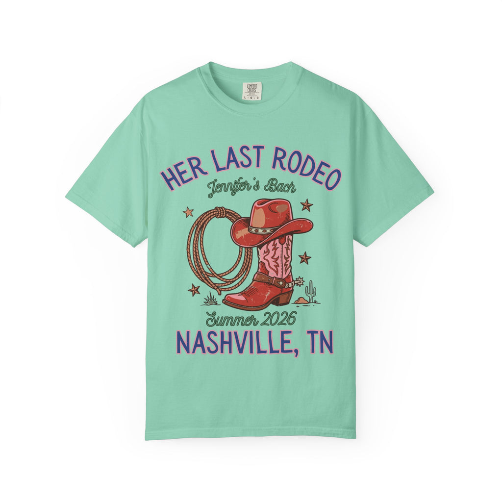 Cowboy boot, hat, and rope with text "Her Last Rodeo" and Nashville, TN.