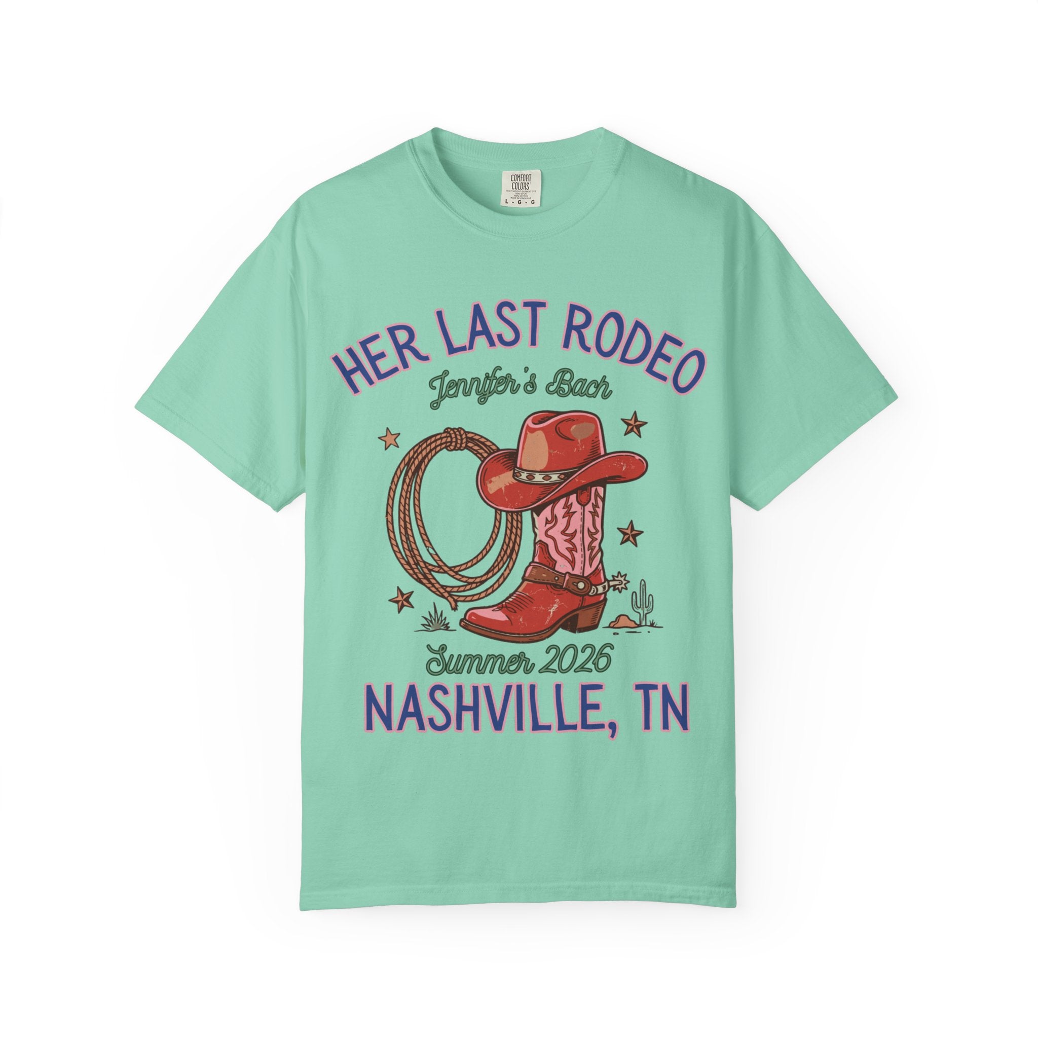 Cowboy boot, hat, and rope with text "Her Last Rodeo" and Nashville, TN.