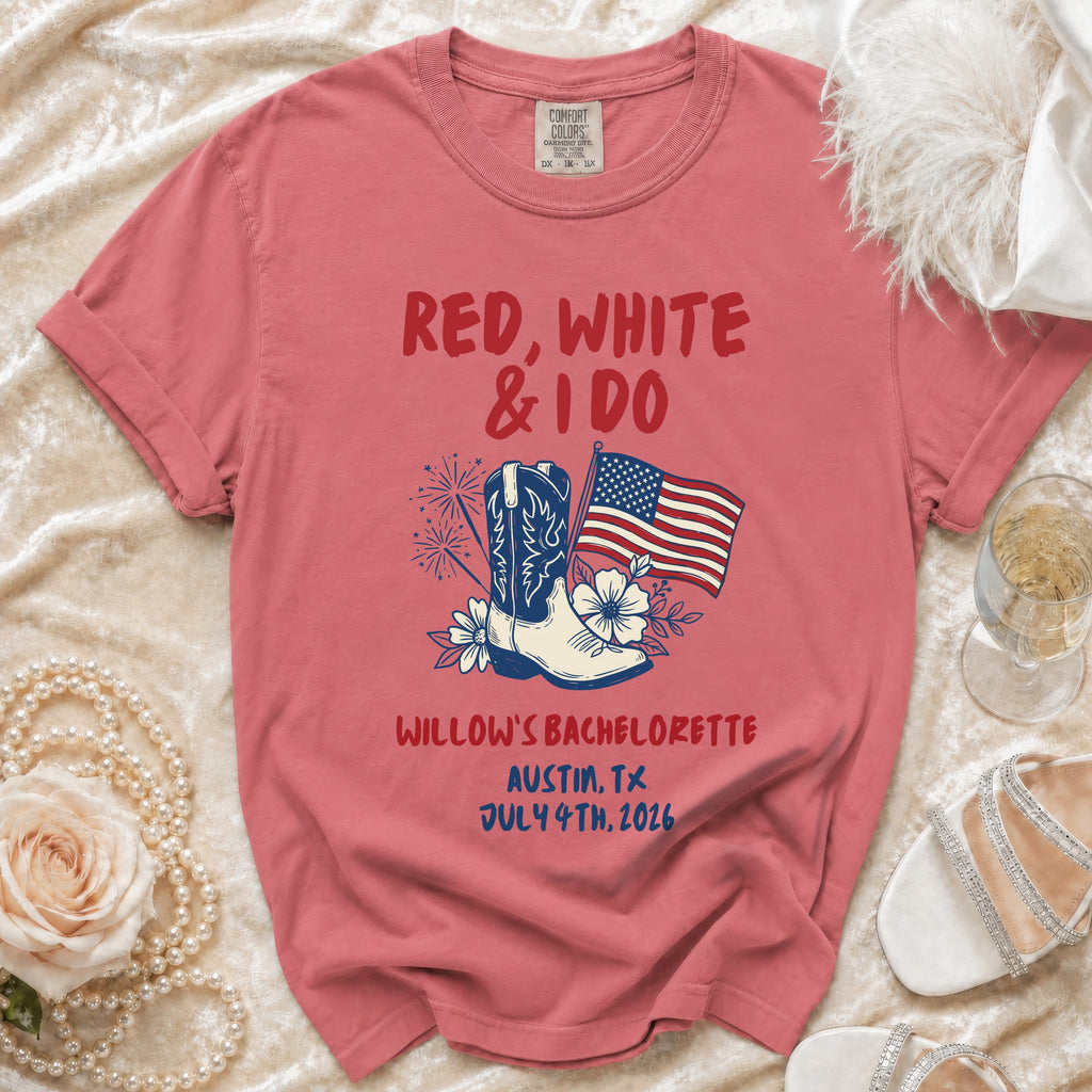Red, white, and I Do Willow's Bachelorette shirt with American flag.