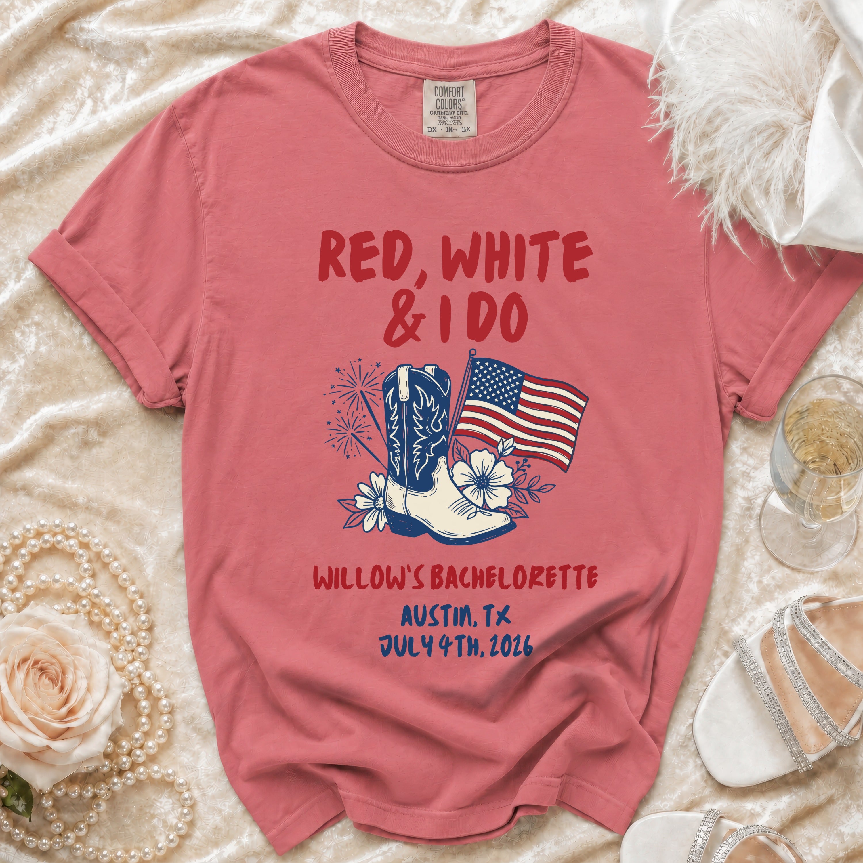 Red, white, and I Do Willow's Bachelorette shirt with American flag.