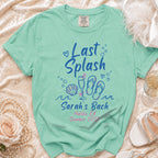 Mint green t-shirt with "Last Splash Sarah's Bach Malibu CA Summer 2026" text.