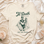 T-shirt with skeleton couple graphic and "Til Death Do Us Part" text.