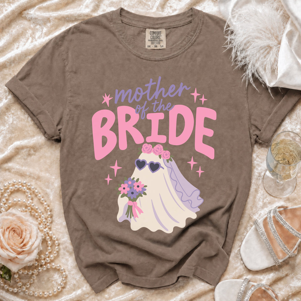 Brown t-shirt with "mother of the bride" text and ghost graphic.