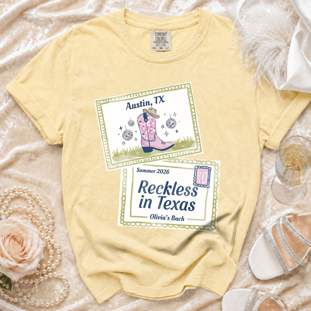 Yellow t-shirt with "Austin, TX" and "Reckless in Texas" designs.