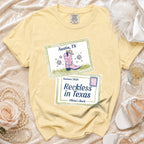 Yellow t-shirt with "Austin, TX" and "Reckless in Texas" designs.