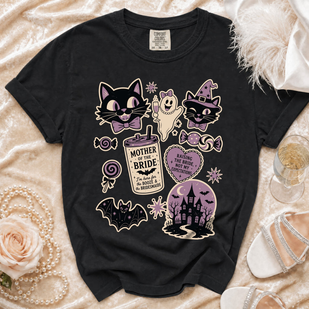 Black t-shirt with Halloween-themed graphics including cats, ghosts, and text.