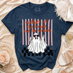 Navy t-shirt with "mother of the bride...cue the screams" text and ghost graphic.