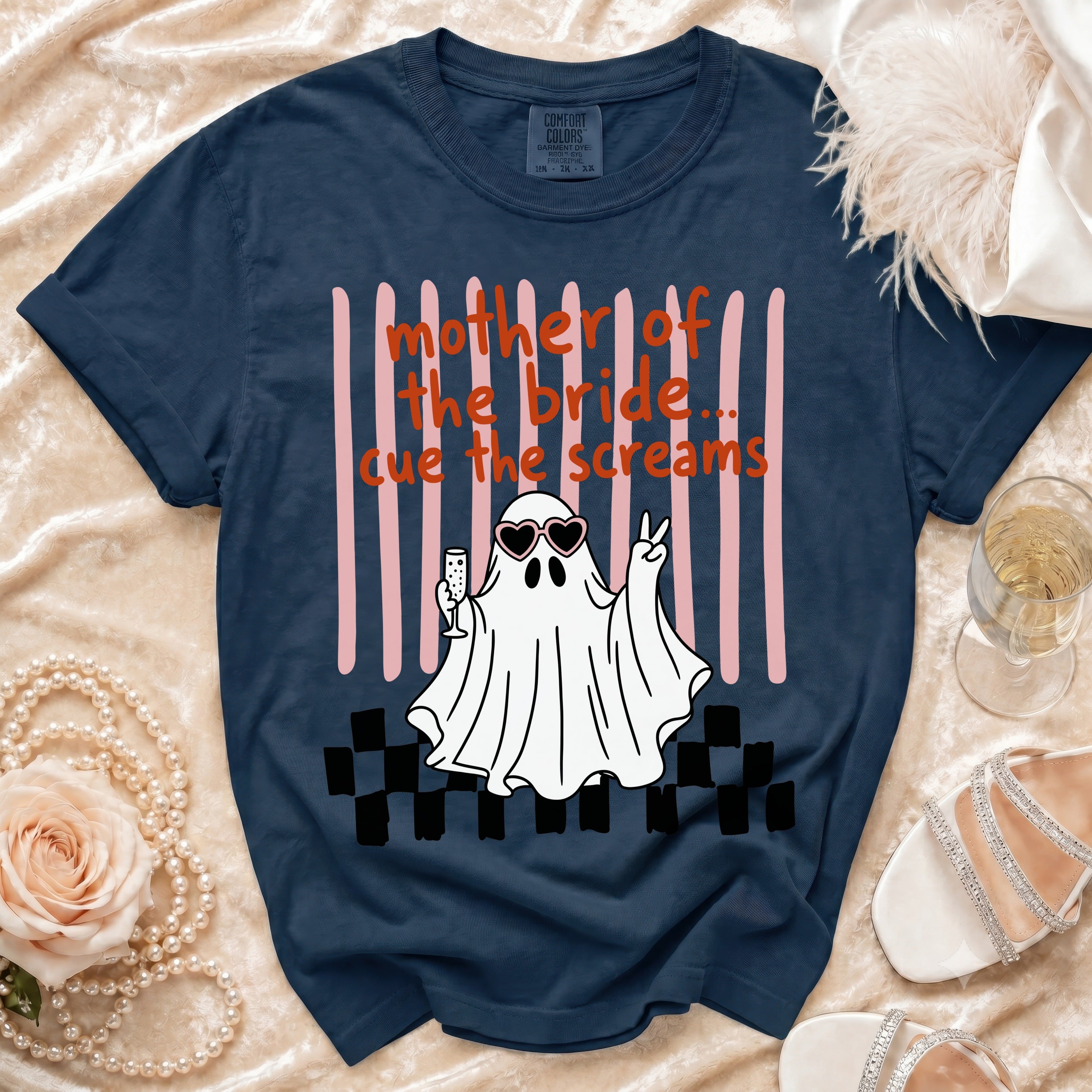 Navy t-shirt with "mother of the bride...cue the screams" text and ghost graphic.