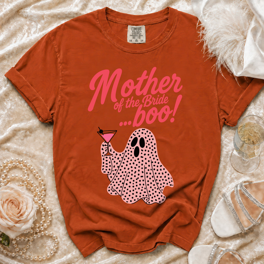 Orange t-shirt with pink ghost graphic and "Mother of the Bride ...boo!" text.