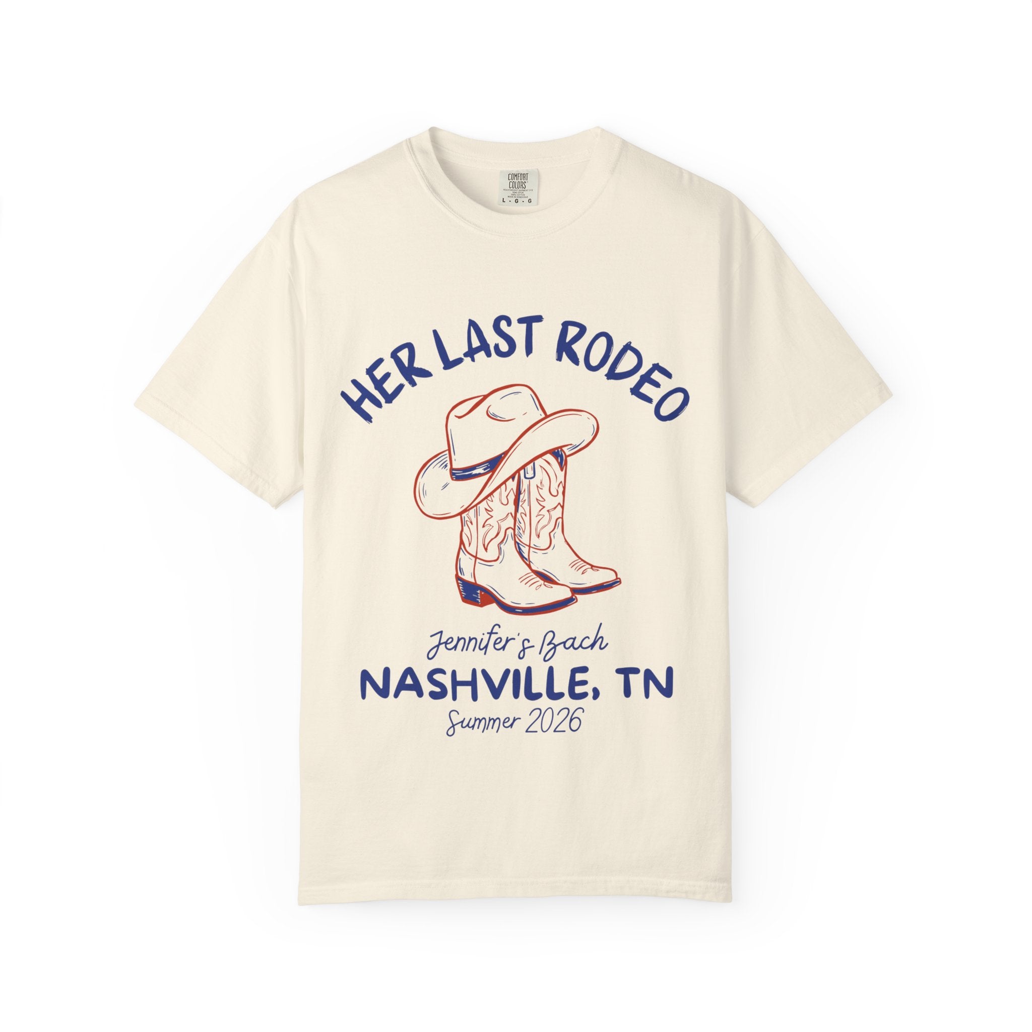 Cream t-shirt with "Her Last Rodeo" text and cowboy boots graphic.