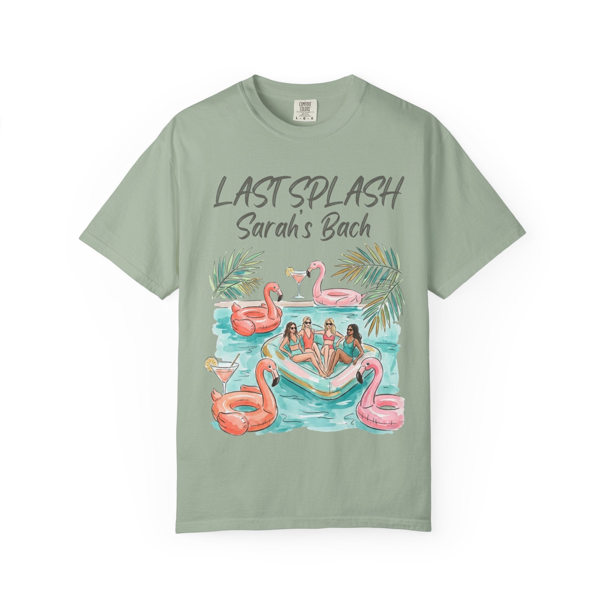 T-shirt with "Last Splash Sarah's Bach" text and cartoon women on floats.