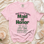 Pink t-shirt for Maid of Honor with "Chief stress handler. Maid of Honor" text and graphics.