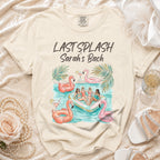 Cream t-shirt with "Last Splash Sarah's Bach" graphic featuring women on inflatable flamingos.