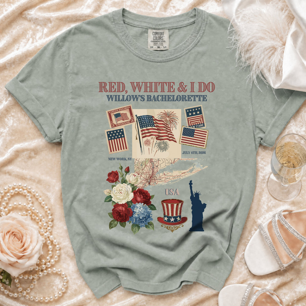 Red, White & I Do Willow's Bachelorette t-shirt with New York and USA graphics.
