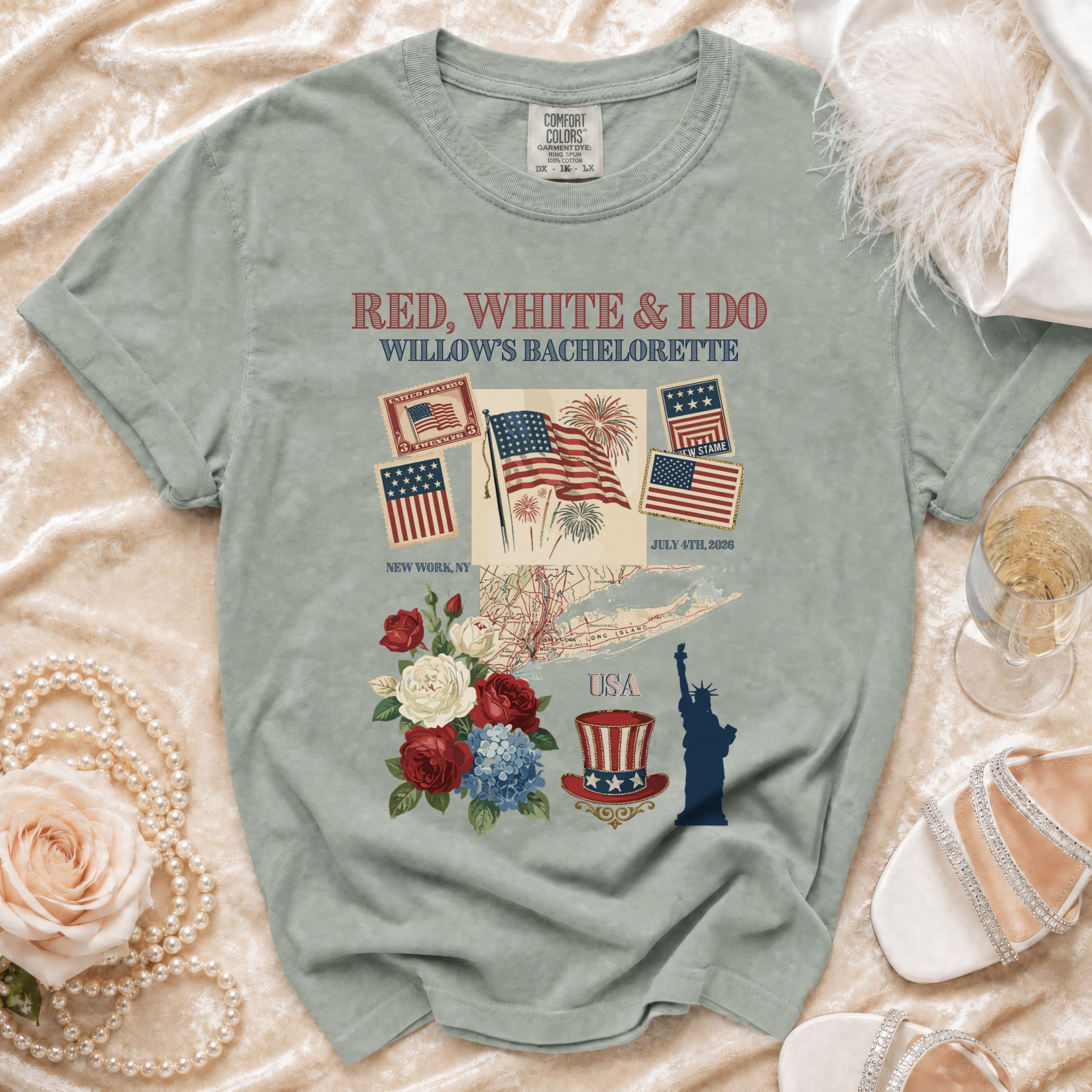 Red, White & I Do Willow's Bachelorette t-shirt with New York and USA graphics.