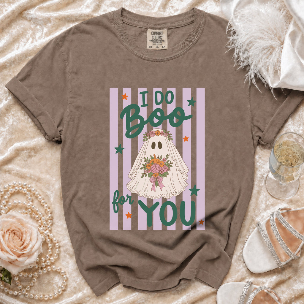 Brown t-shirt with a ghost wearing a flower crown and text "I DO Boo for YOU".