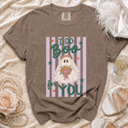 Brown t-shirt with a ghost wearing a flower crown and text "I DO Boo for YOU".