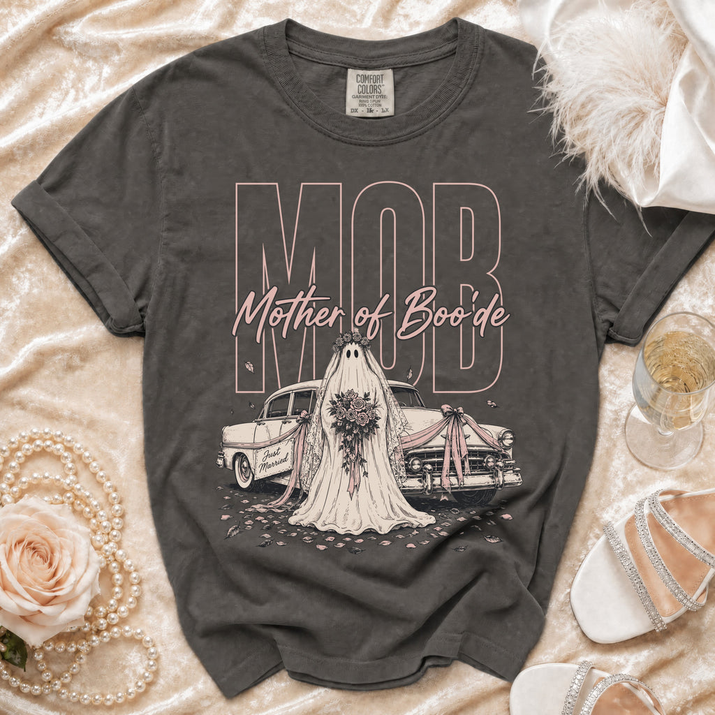 Dark grey t-shirt with "MOB" and "Mother of Boo'de" graphics featuring a ghost bride and classic car.