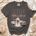 Dark grey t-shirt with "MOB" and "Mother of Boo'de" graphics featuring a ghost bride and classic car.