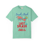Mint t-shirt with "Sarah's Bach LAST SPLASH MALIBU, CA SUMMER 2026" and a cocktail.