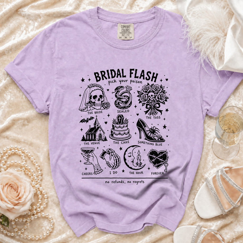 Lilac Comfort Colors t-shirt with "Bridal Flash" graphic and wedding-themed illustrations.