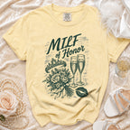 Yellow t-shirt with "MILF of Honor" text, crown, flowers, champagne, and lips design.