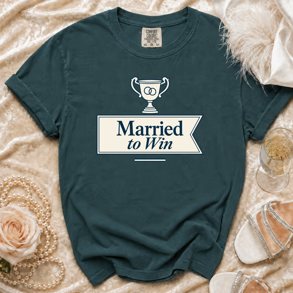 Teal t-shirt with trophy graphic and text "Married to Win".