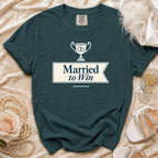 Teal t-shirt with trophy graphic and text "Married to Win".