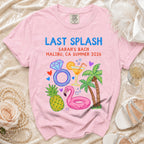Pink t-shirt with "Last Splash Sarah's Bach Malibu, CA Summer 2026" graphic.