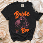 Black t-shirt with "Bride Boo" text and ghost graphic, on velvet.