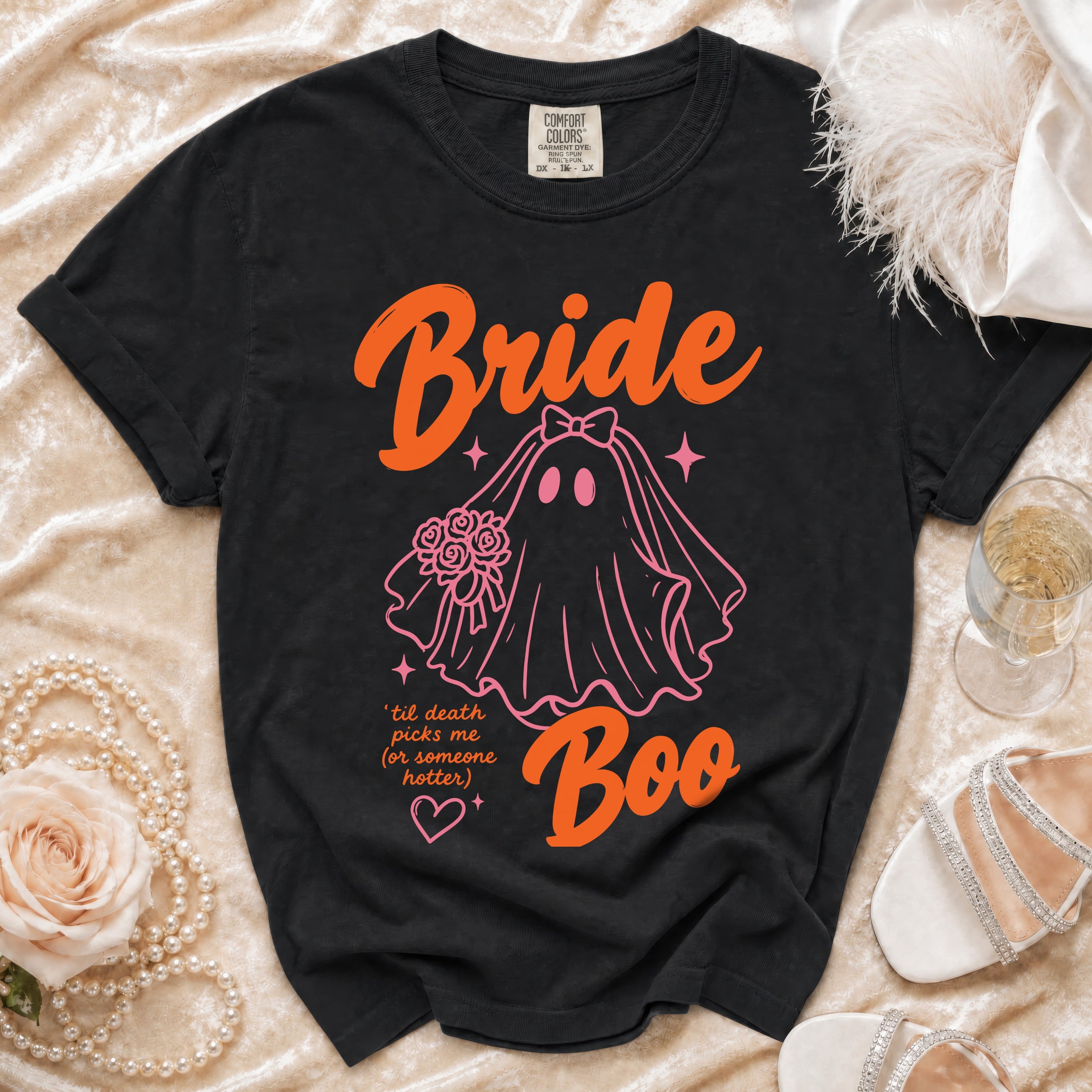 Black t-shirt with "Bride Boo" text and ghost graphic, on velvet.
