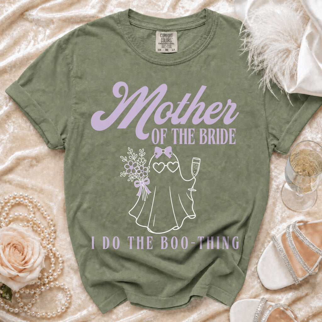 Green t-shirt with "Mother of the Bride I Do the Boo-Thing" text and ghost graphic.