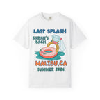 White t-shirt with "Last Splash Sarah's Bach Malibu Summer 2026" and a float.