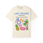 Cream t-shirt with "Last Splash Sarah's Bach Malibu, CA Summer 2026" and tropical graphics.